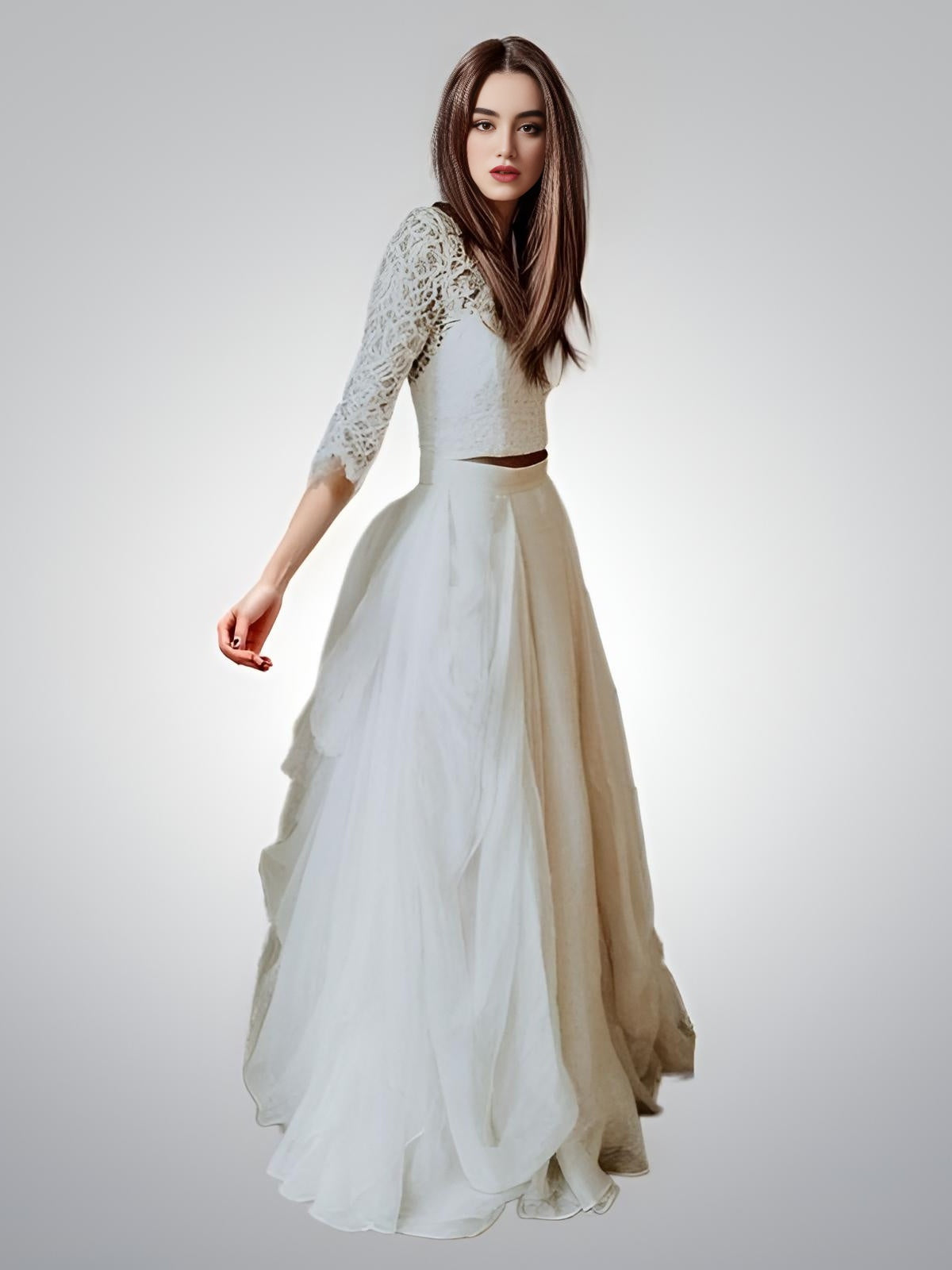 Bride wearing heavy layered Chiffon Skirt Wedding Dress and full lace bridal top with 3/4 sleeves
