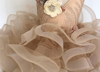 Ruffled Tiered Tutu Skirt Detail on Champagne Dress
