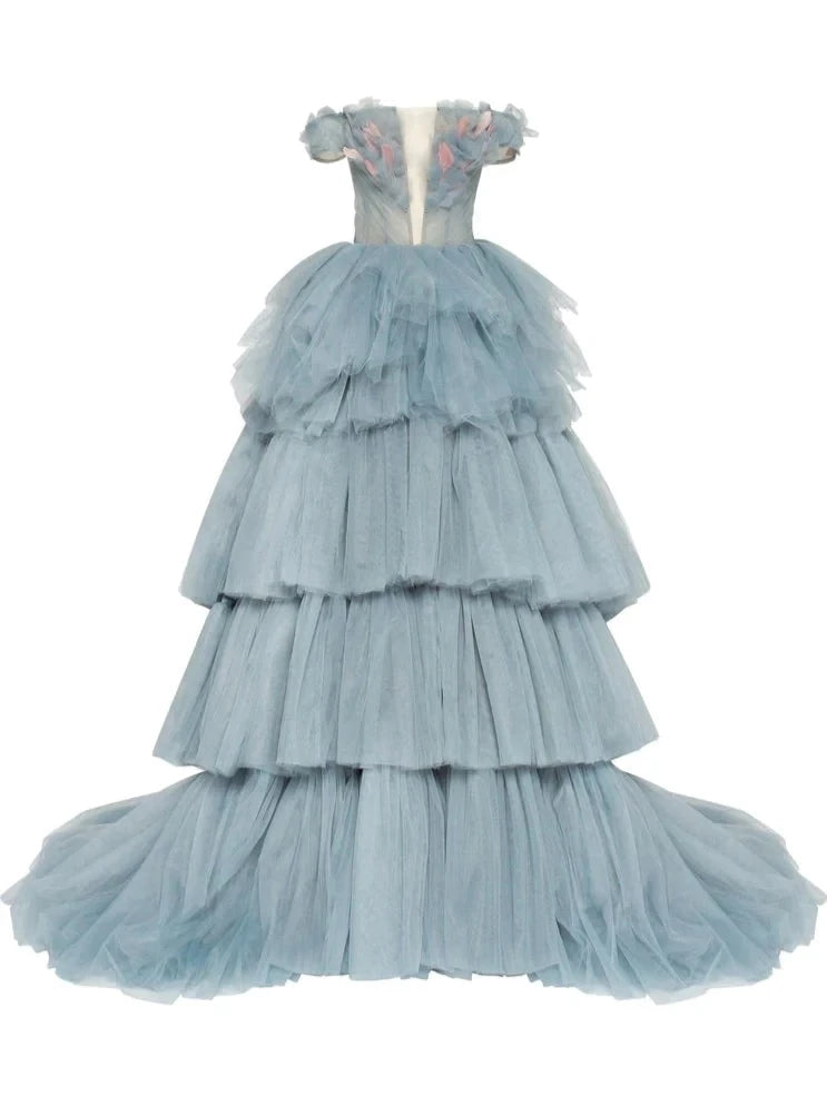Dusty Blue and Pink Elegant Tiered Ruffled Tulle Prom Dress - Front View