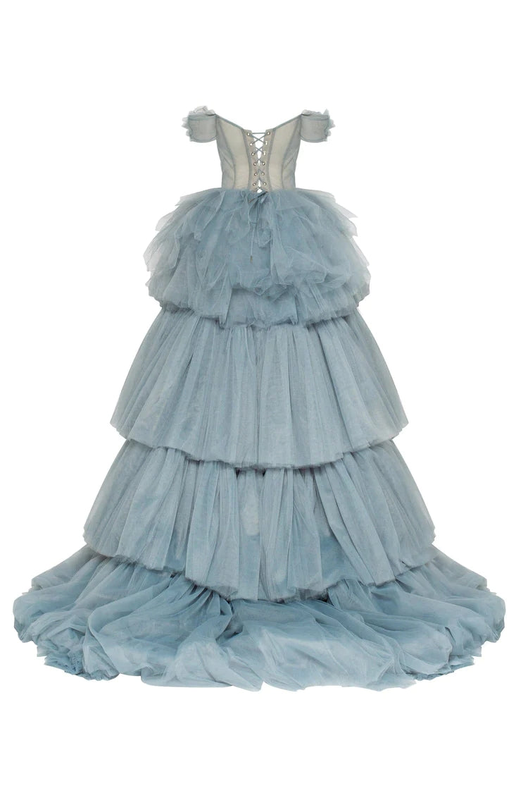 Back View of Dusty Blue Tiered Ruffled Tulle Prom Dress with Lace Up Back