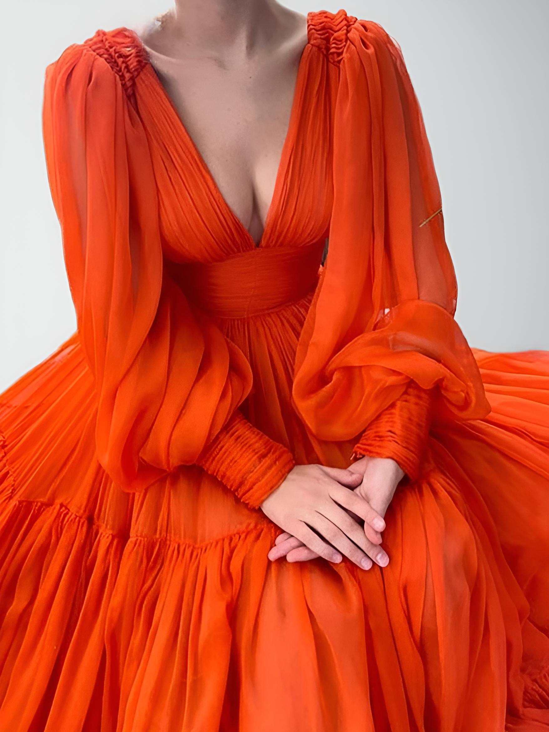 ARYA Formal Dress | Orange Chiffon Long Sleeve Gown Lula Bridal ARYA Formal Dress | Orange Chiffon Long Sleeve Gown Lula Bridal