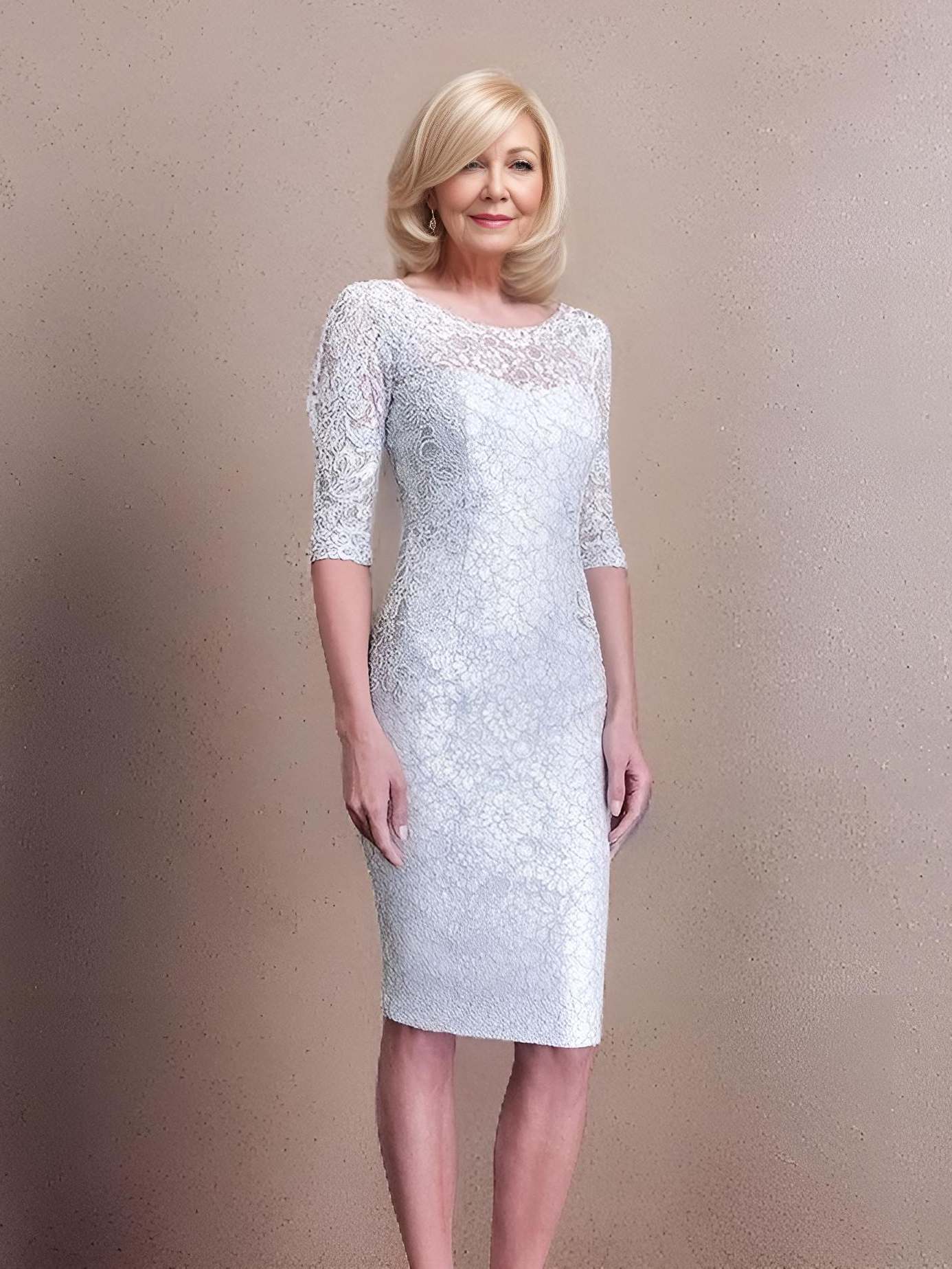 Mother of the Bride Silver Lace Dress Sheath silhouette, Knee Length Groom Mother Dresses For Wedding
