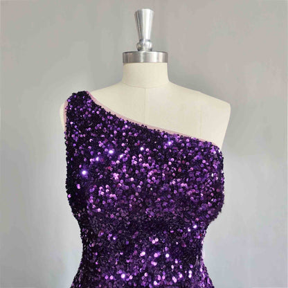 Assymetrical one shoulder purple dress covered in sequins