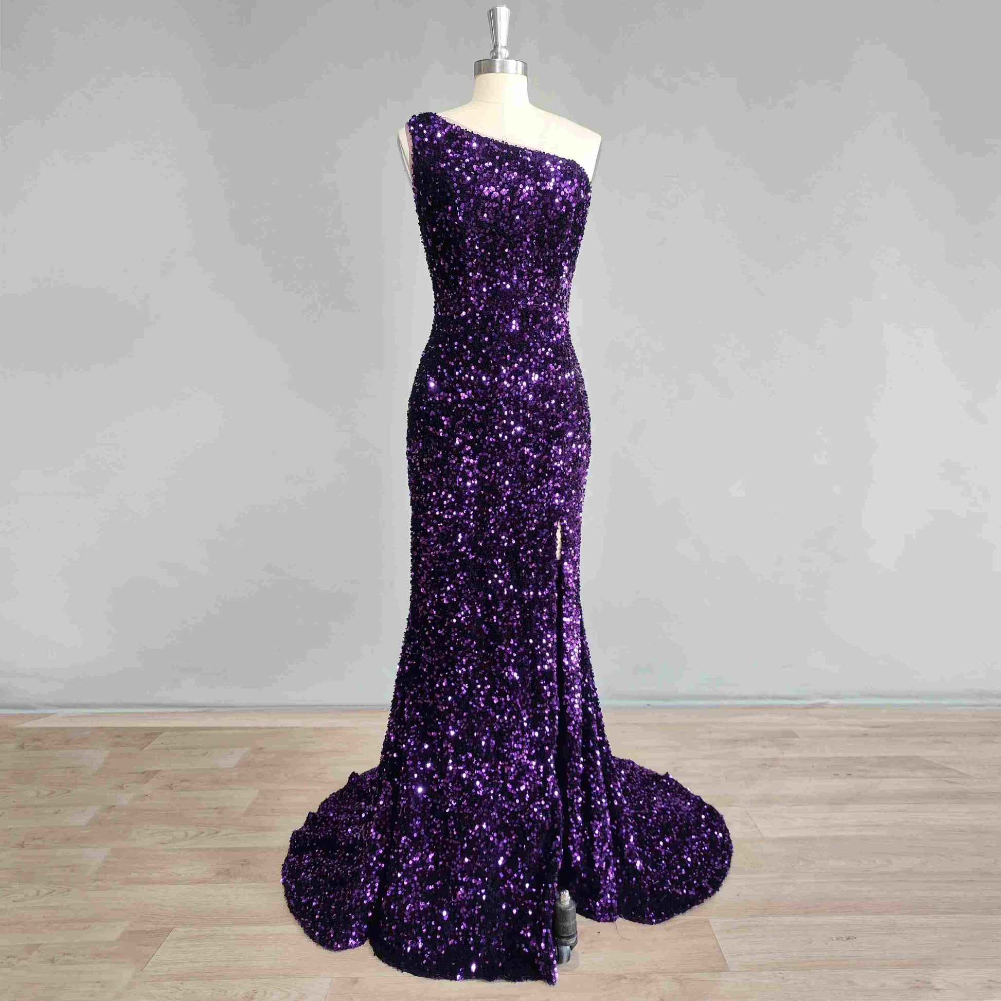 Sexy purple prom gown with sequins and high side split and sequins