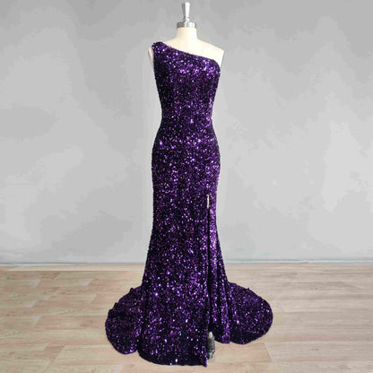 Sexy purple prom gown with sequins and high side split and sequins