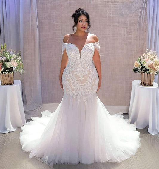 Athena - Sexy Off The Shoulder Lace Mermaid Wedding Dress Boho Bride Gowns Sequined Corset Plus Size