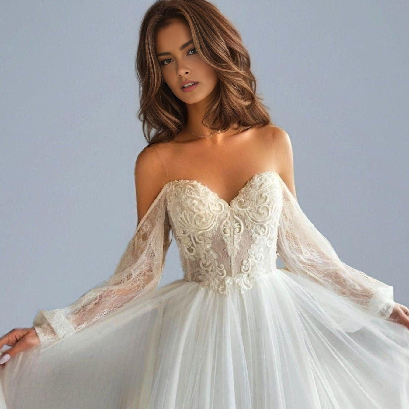 Audrey-Boho Wedding Dresses O-Neck Appliques Lace Long Sleeves Floor Length Princess Wedding Gowns Bride