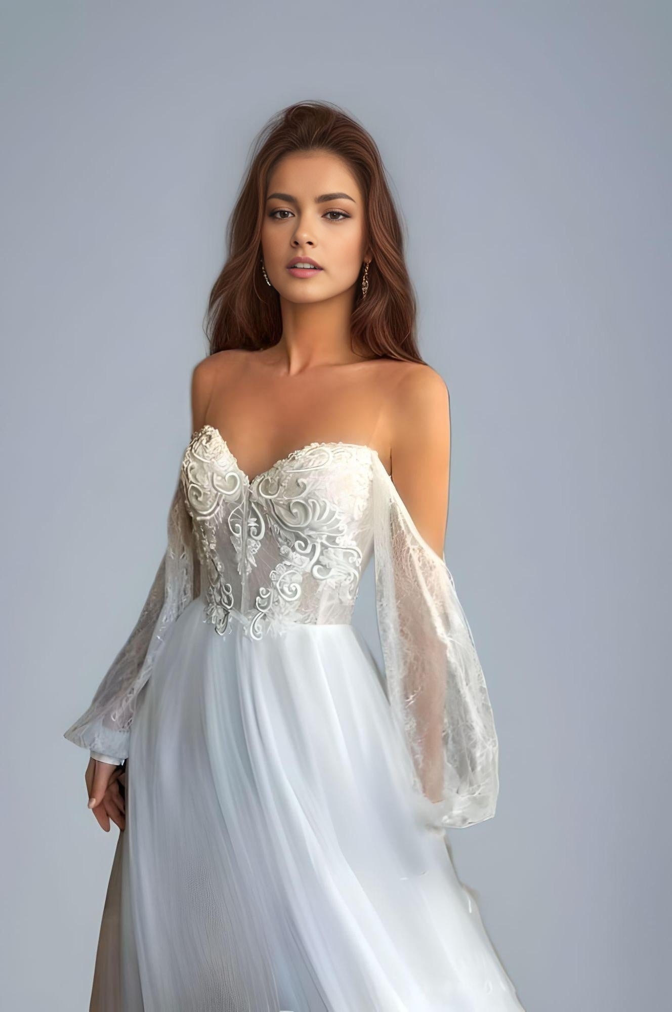 Audrey-Boho Wedding Dresses O-Neck Appliques Lace Long Sleeves Floor Length Princess Wedding Gowns Bride