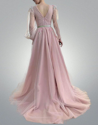Aurora-Modest-Blush-Pink-Tulle-Puff-Long-Sleeves-Evening-Dresses-V-Neck-Colorful-Flowers-Butterfly-Sequin