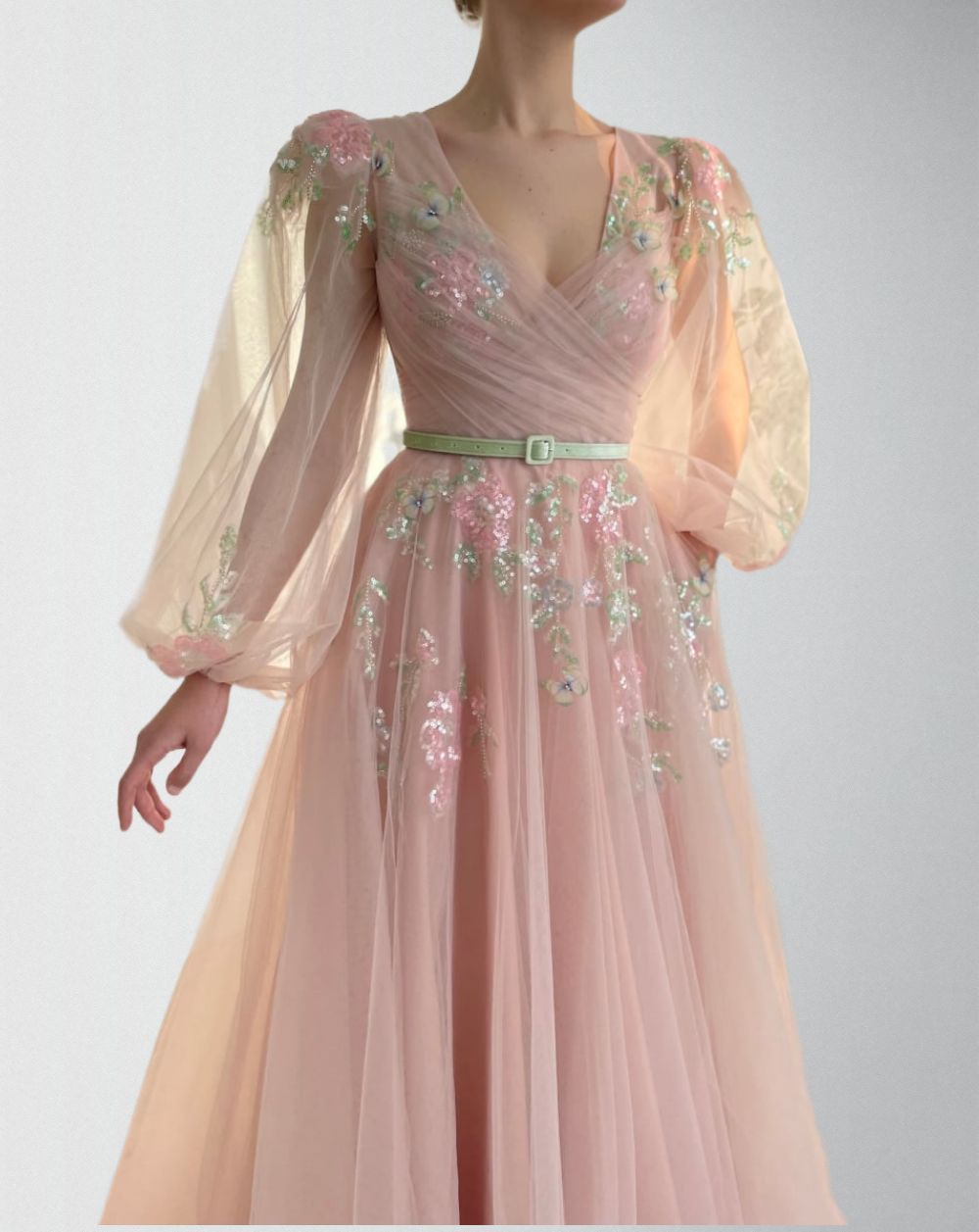 Aurora-Modest-Blush-Pink-Tulle-Puff-Long-Sleeves-Evening-Dresses-V-Neck-Colorful-Flowers-Butterfly-Sequin