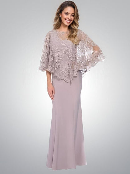 Smiling woman showcasing Mother of the Bride Dress in Lavender Color with Lace Top Bolero