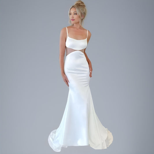 Modern Satin Mermaid Wedding Gown with Sexy Side Illusion Naked Ribs Opening