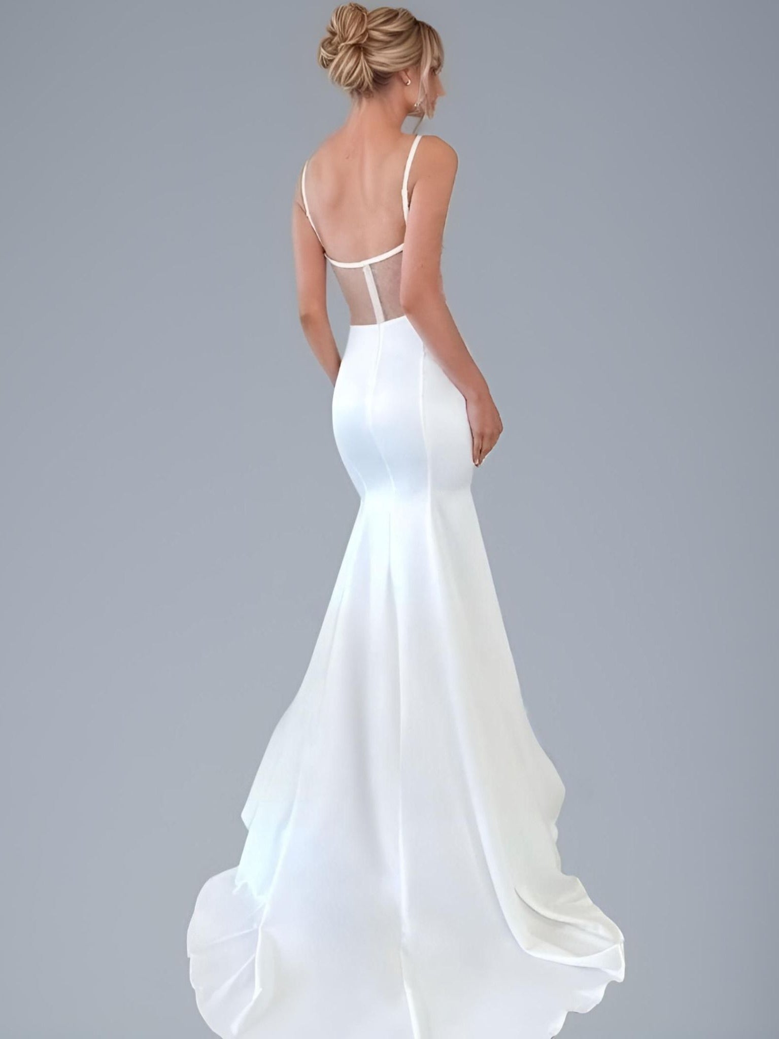 Woman in Bare Back Satin Mermaid Bridal Gown with Court Train