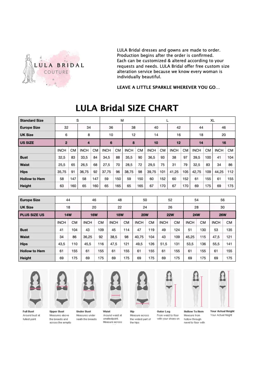 bridal dress size chart