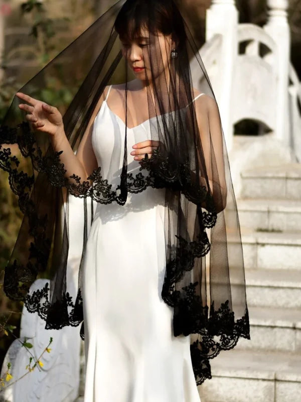 Black 2 Tier Wedding Veil with Lace Edge | Gothic Elegant & Timeless