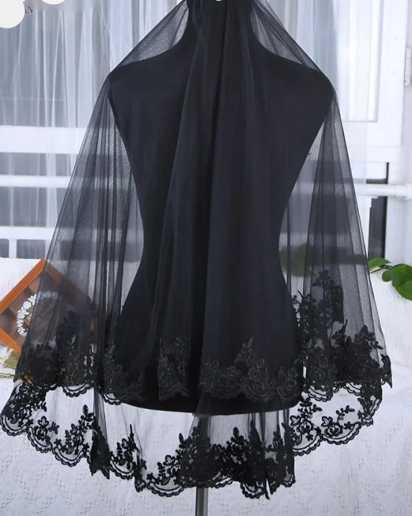 Black Bridal Veil with Lace Edge (2 Tier)