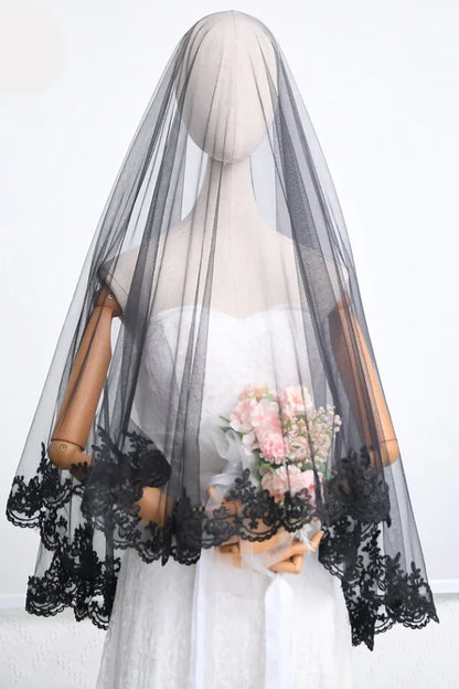 Black Bridal Veil with Lace Edge (2 Tier)