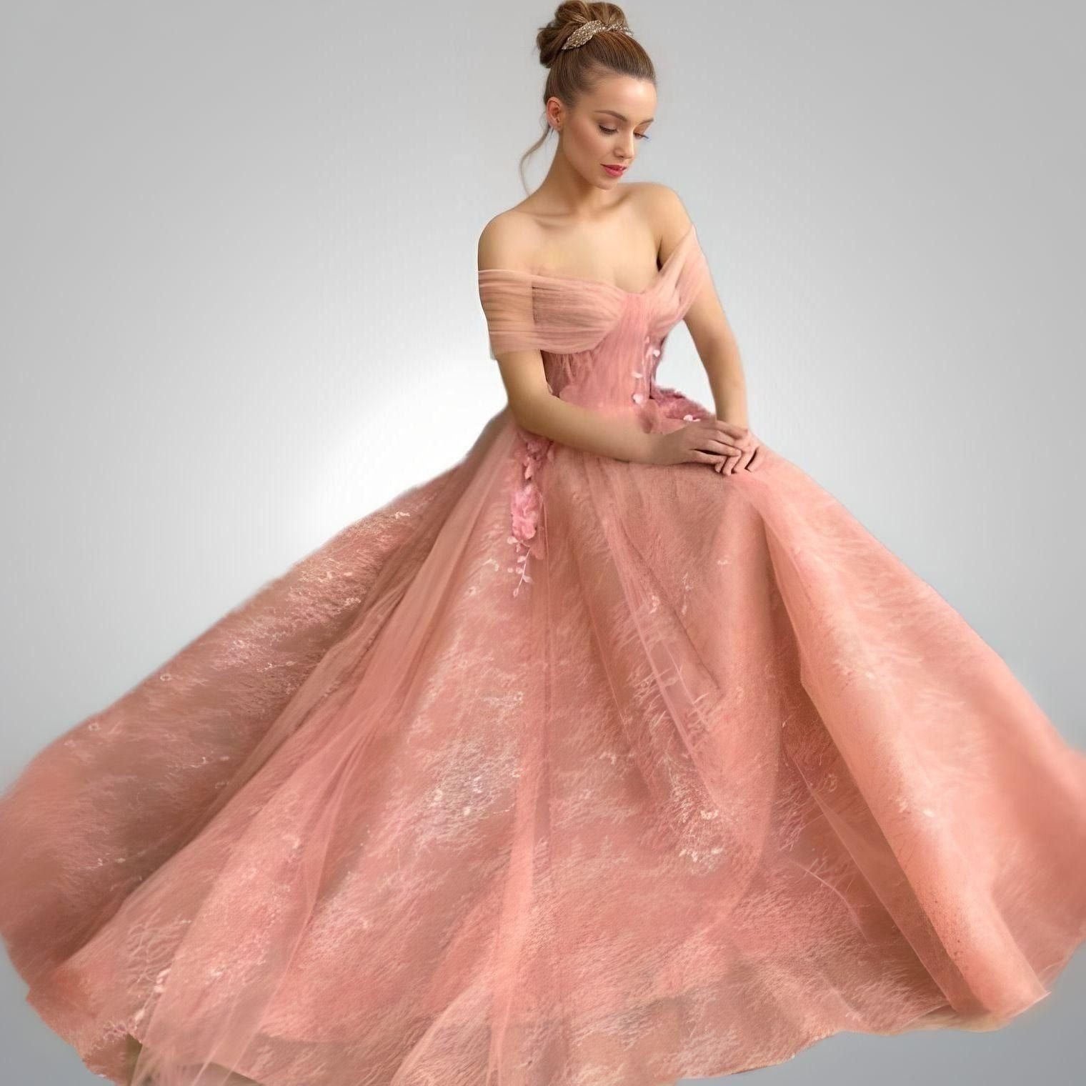 woman in dusty pink prom sparkling gown with 3D la ce details