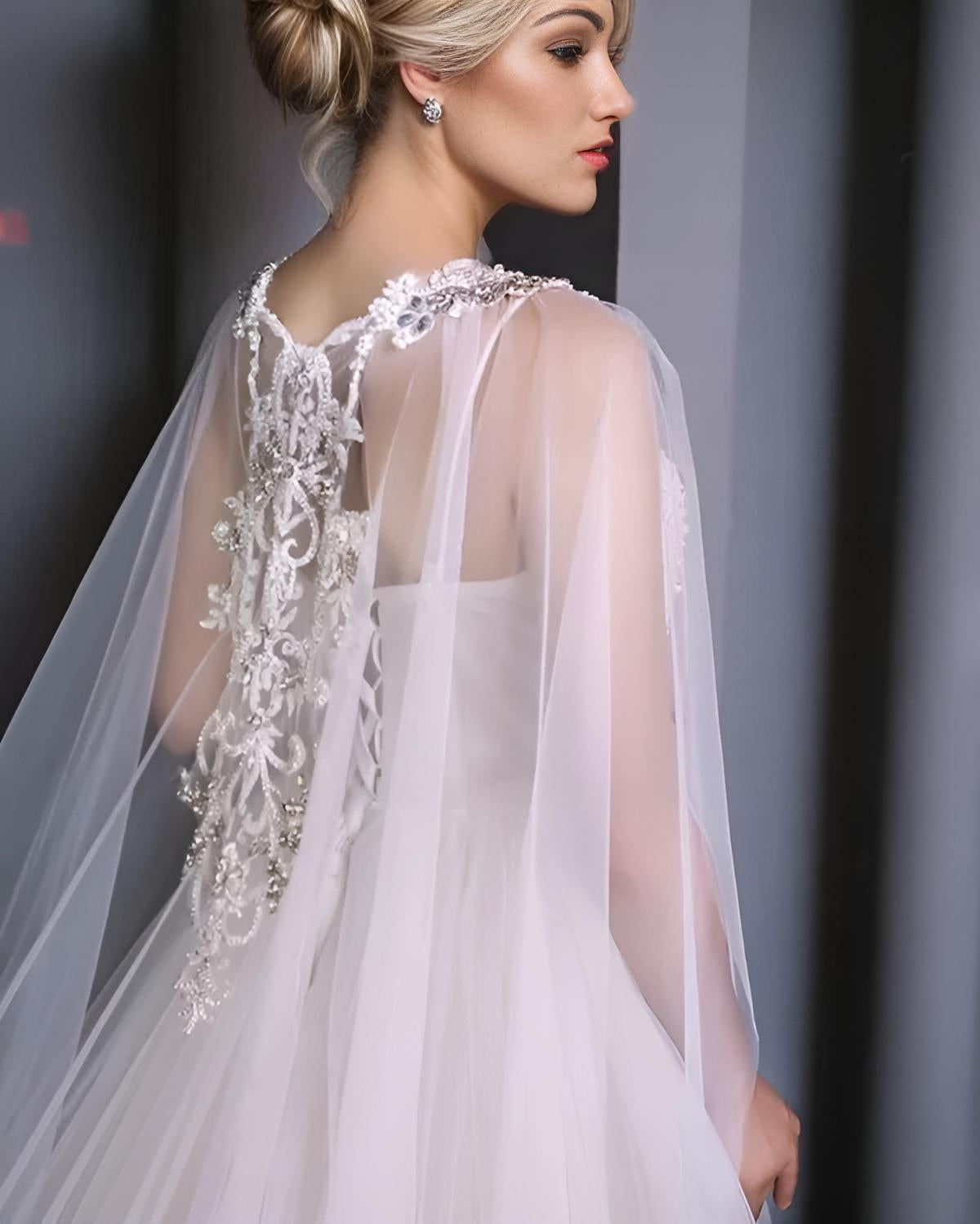 Bridal Cape Cloak Veil with Beading & Lace