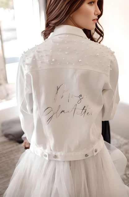 Bridal Denim Pearl Jacket with Custom Name