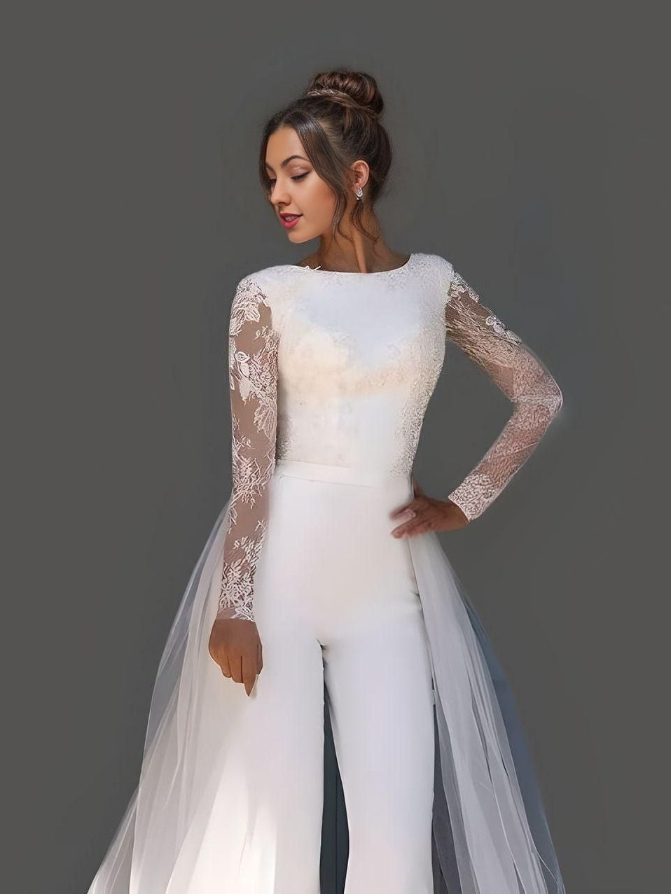 Berta 2023 Long Sleeve Wedding Pantsuit With Train Full Back Sexy V Neck  Matte Stain Custom Make Bridal Jumpsuit Wedding Gown From Alegant_lady,  $128.35