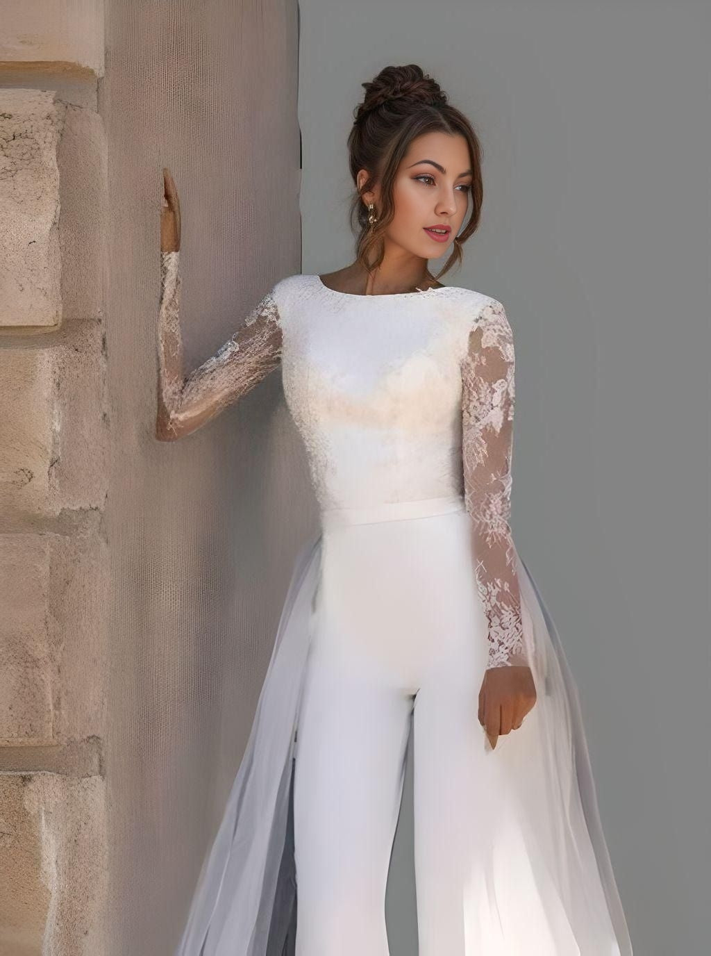 Wedding Jumpsuit Bridal Pantsuit Detachable Train V Neck Lace Sleeveless –