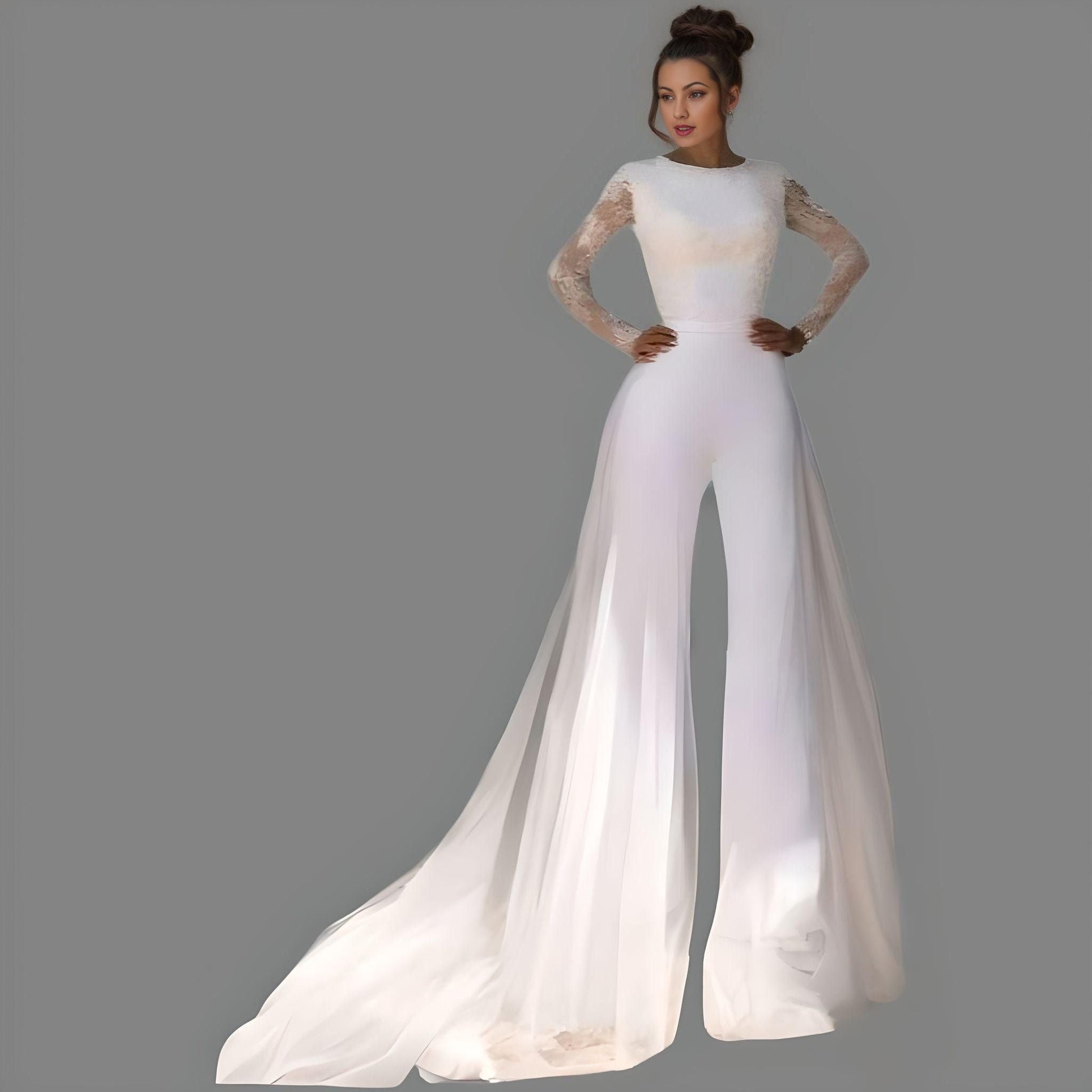 Berta 2023 Long Sleeve Wedding Pantsuit With Train Full Back Sexy V-neck  Matte Stain Custom Make Bridal Jumpsuit Wedding Gown
