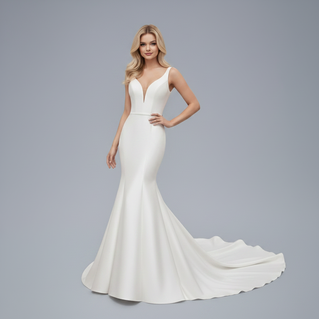A model wearing a white satin mermaid wedding dress with a V-neck, spaghetti straps, a bow back, and a pleated skirt.