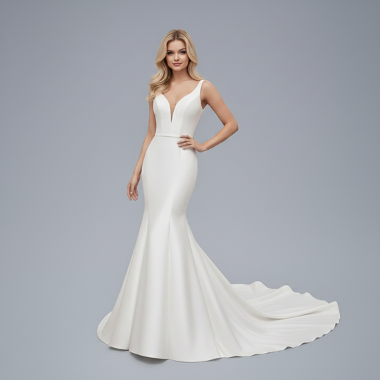 A model wearing a white satin mermaid wedding dress with a V-neck, spaghetti straps, a bow back, and a pleated skirt.