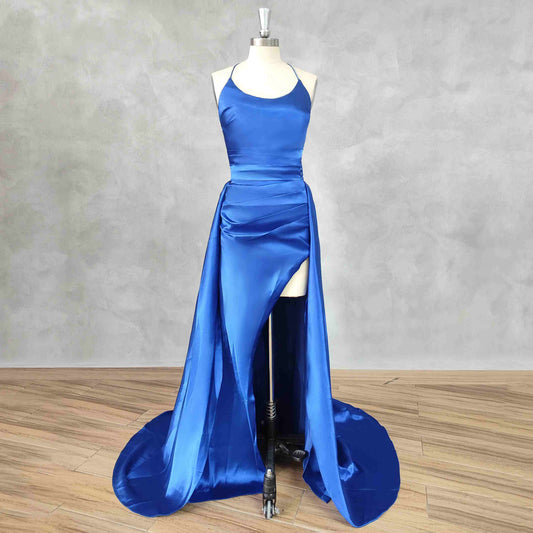 EVERLEIGH Formal Dress front view with royal blue halter neckline and high side slit