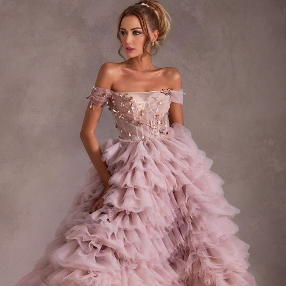 HARVIE Formal Couture Dress - Women Formal Dresses | Elegant Pink Tiered Evening Dress Crystal Beaded Off the Shoulder Prom Dresses Sequins A-Line Evening Gowns