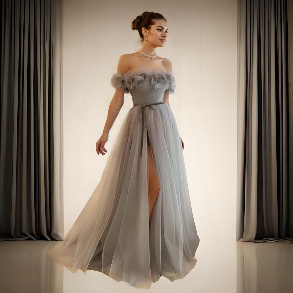 Model in the LARA silver prom dress, showcasing the high side split and 3D floral appliques