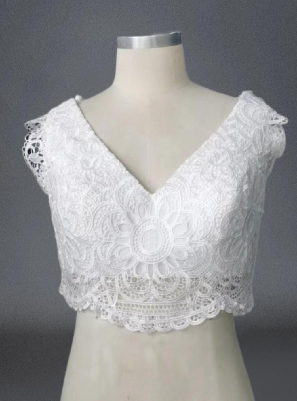 Detail of Front Lace Top on Leah Bridal Two Piece Wedding Jumpsuit