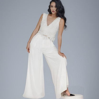 Model showcasing Chiffon Pants and Lace Bohemian Top of Leah Bridal Two Piece Jumpsuit