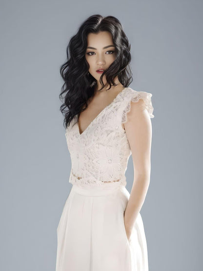 Bride in Lace Top and Flowy Pans Bridal Separate Jumpsuit Set