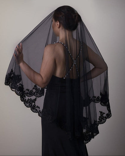 Black Bridal Veil with Lace Edge (2 Tier)