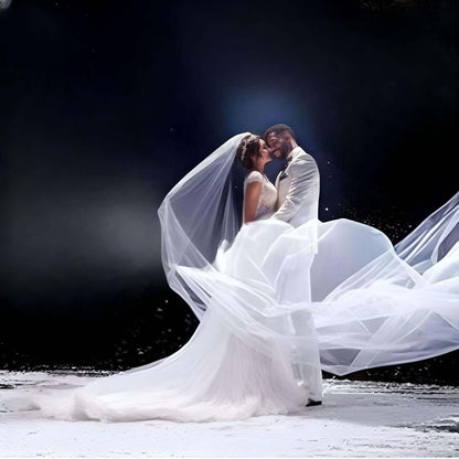 Bride and Groom holding each other with brides simple long white veil flowing around them.