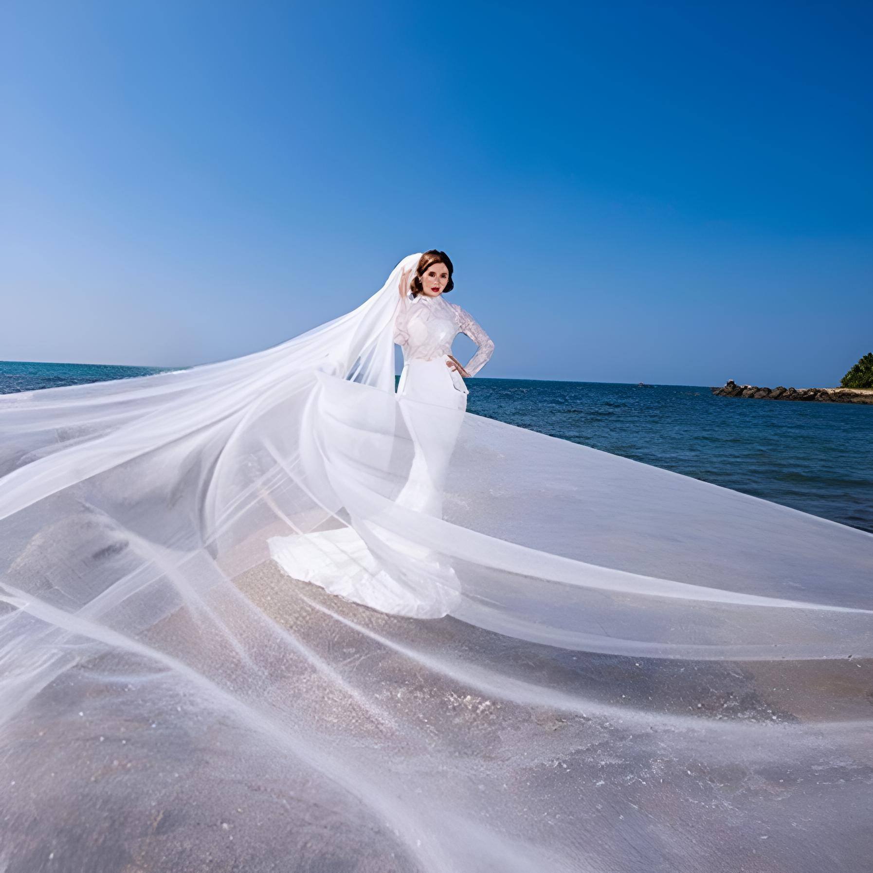 Bride in sleek gown standing by sea showing long white simple veil flowin around in wind.