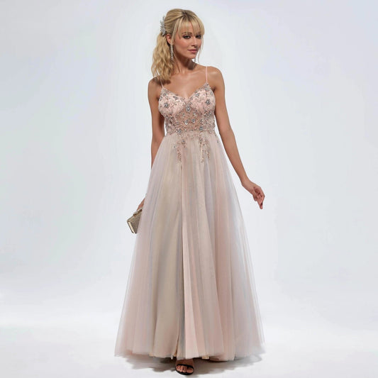 Elegant blush flowy evening dress with spaghetti straps and rhinestone bodice