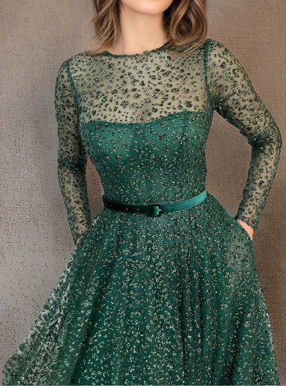 formal green dress with sleeves A Line Sweetheart Dark Green Long Prom Dress with Long Sleeves