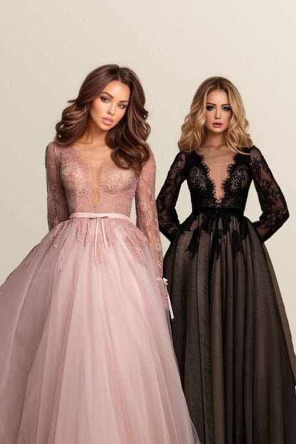 Two womens in Mikaela Long Sleeve Evening Gown showing thel lace details and the full-length sleeves.