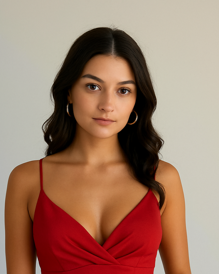 Woman wearing bright red dress against a plain background