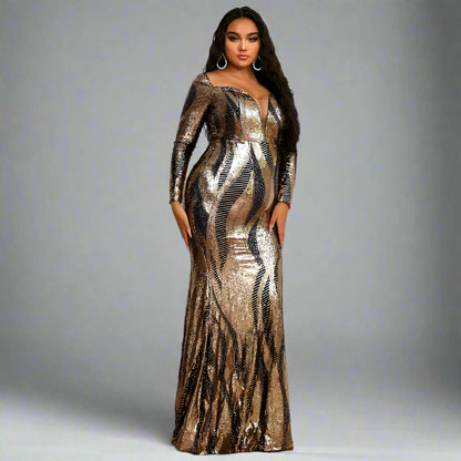 Side view of REBECCA trumpet/mermaid formal gown with sparkling gold sequins.