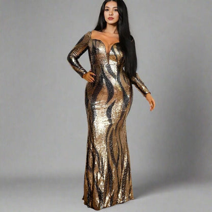 Model wearing REBECCA plus size sequin formal dress with V-neck and long sleeves.