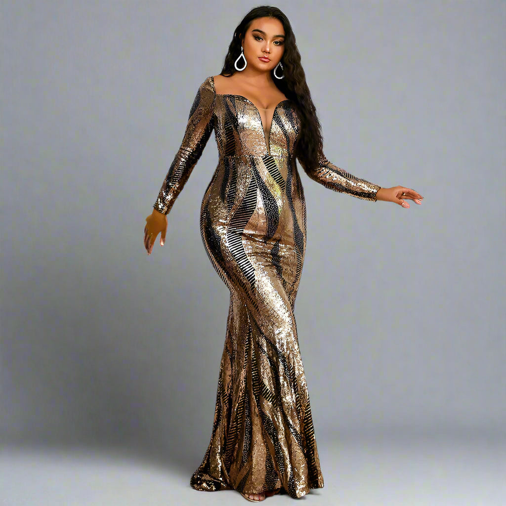 Model in REBECCA plus size sequin gown with dramatic trumpet silhouette and long sleeves.