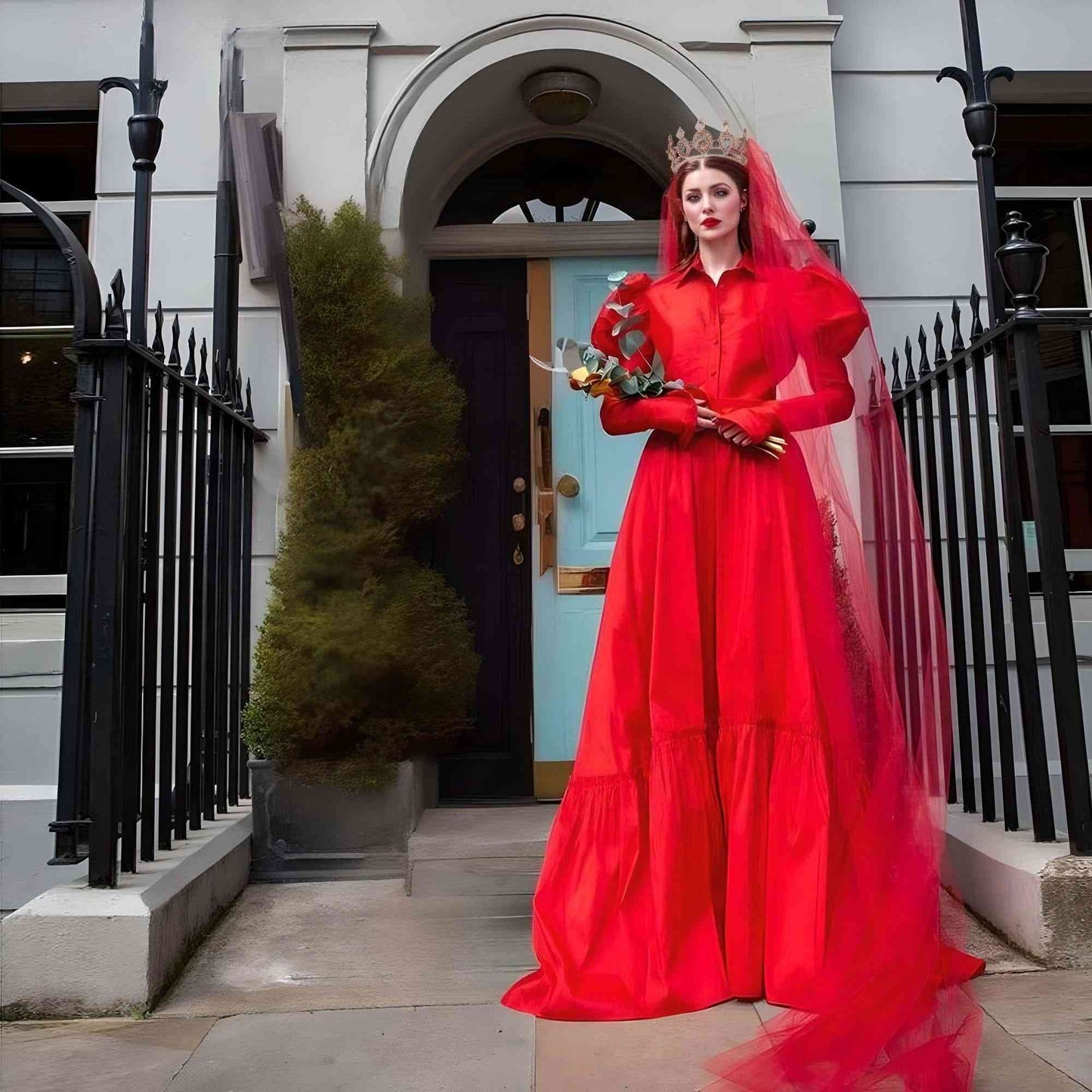 Woman in red dress and red veil draping gracefully emphasizing its length, holding flowers and standing in front of building entrance.
