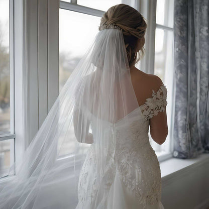 Bride from back showing long wedding veil.