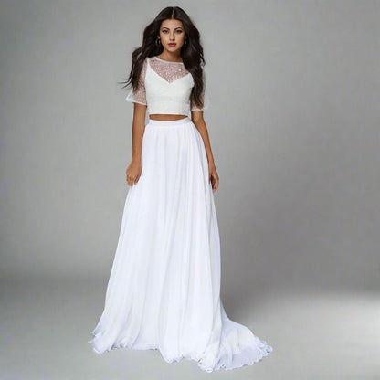 white two piece dress short Short Two-Piece Party Dress with Lace Bodice White / XSmall