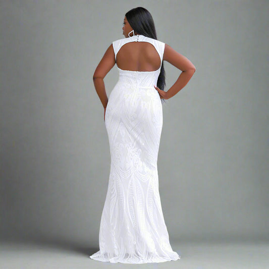 Back view of the SHELLEY evening dress showcasing the open-back design.