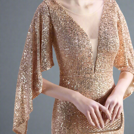 Rose gold sequin evening dress worn by a model holding a clutch